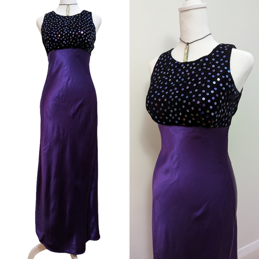 Vintage 90s Whimsigoth Purple Satin Black Velvet Sequined Evening Gown S Witchy